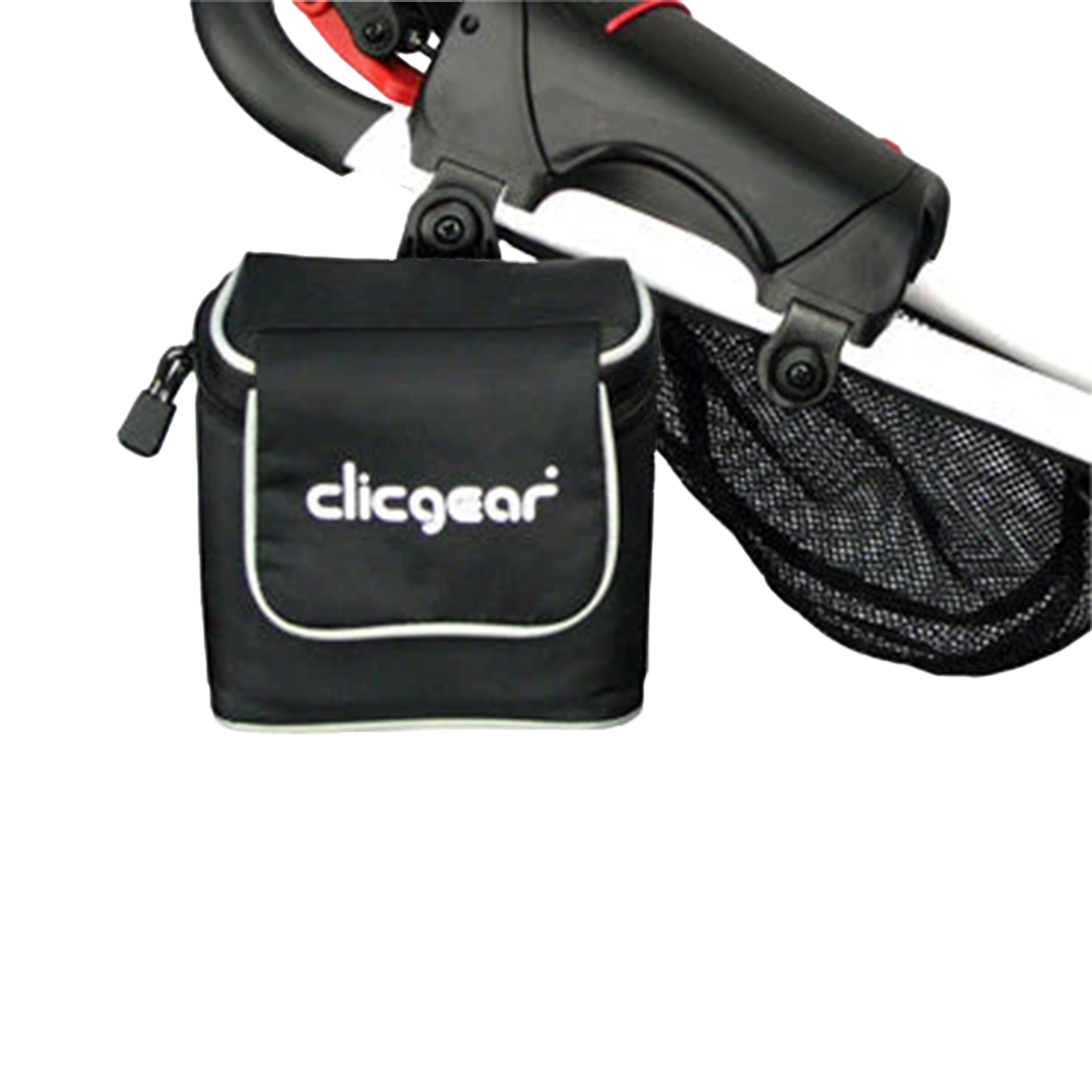 Black bag with 'clicgear' logo attached to a golf bag on a white background