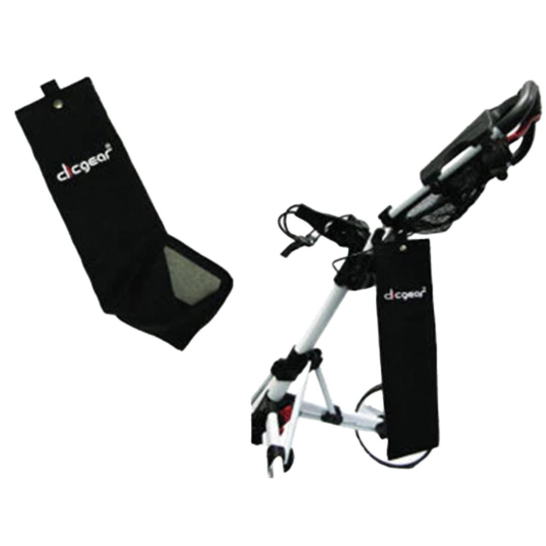Black and white golf trolley with Clicgear branding on a white background