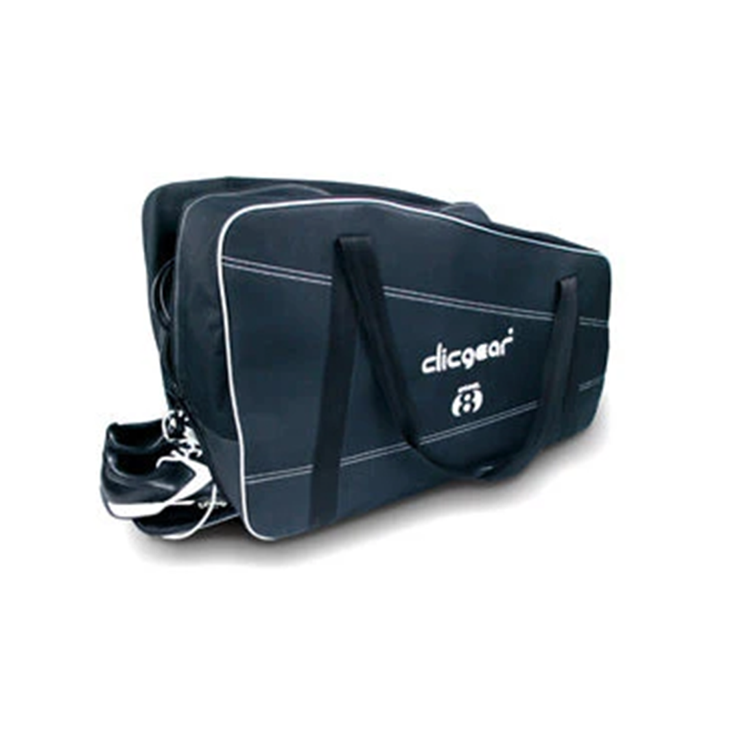 Golf bag with white accents and 'clicgear' branding on a white background