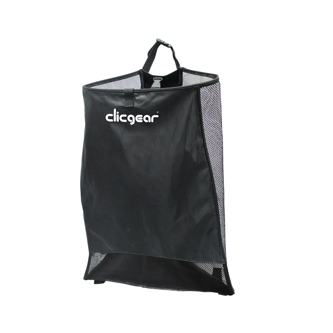 Black golf bag with mesh side and 'clicgear' branding on a white background