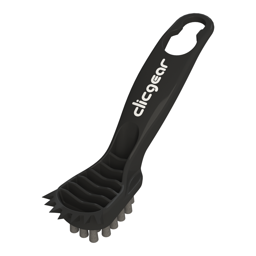 Black golf club cleaning brush with 'clicgear' branding on a white background