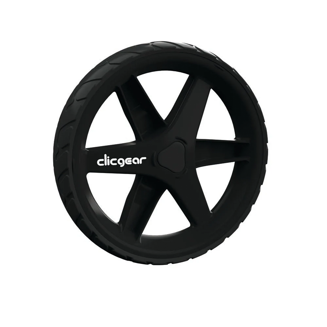 Black wheel with 'clicgear' branding on a white background