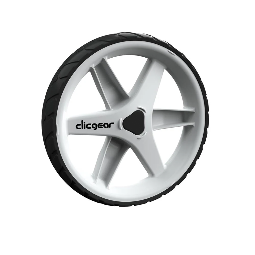 White wheel with black tread and 'clicgear' branding on a white background