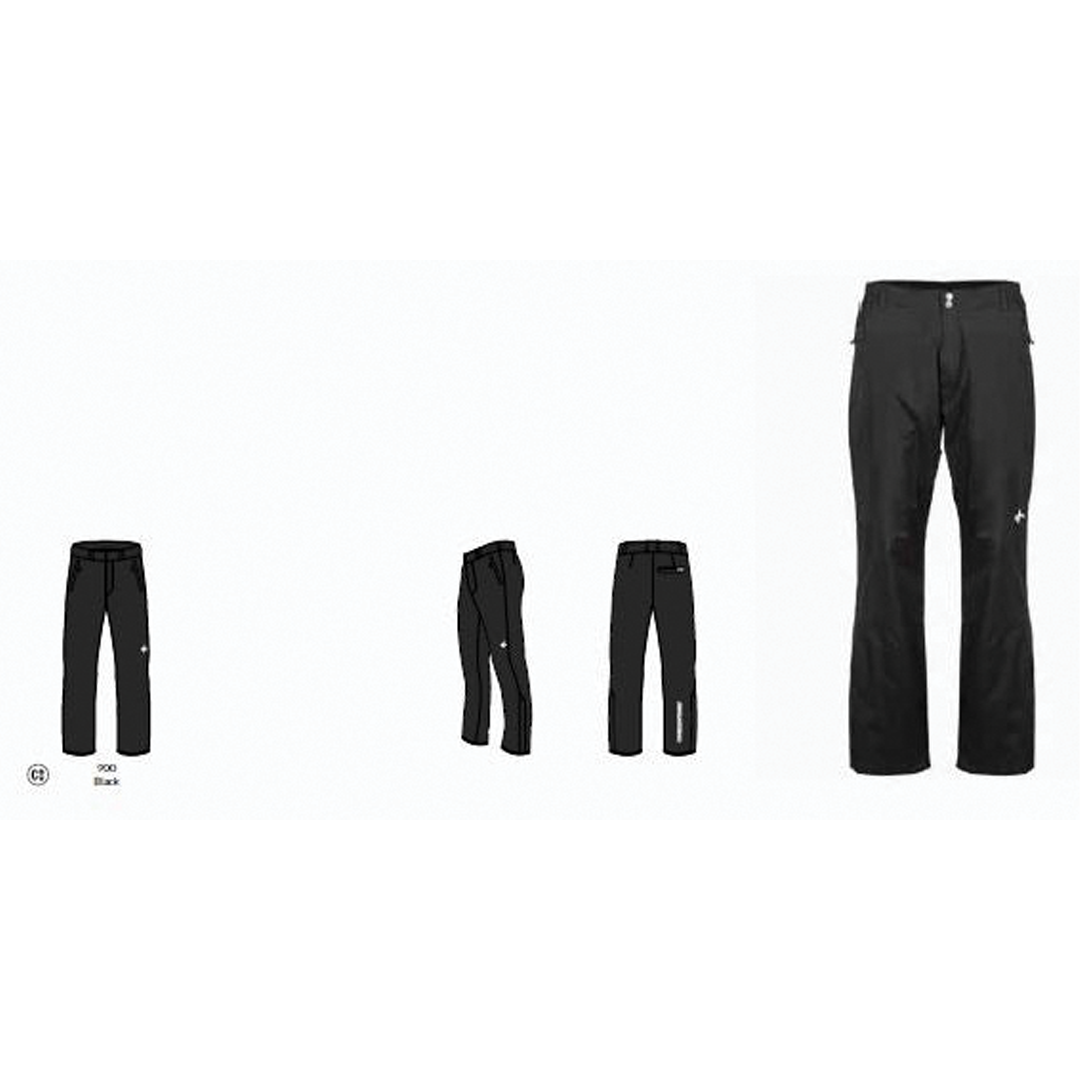 Black pants displayed in various sizes on a white background