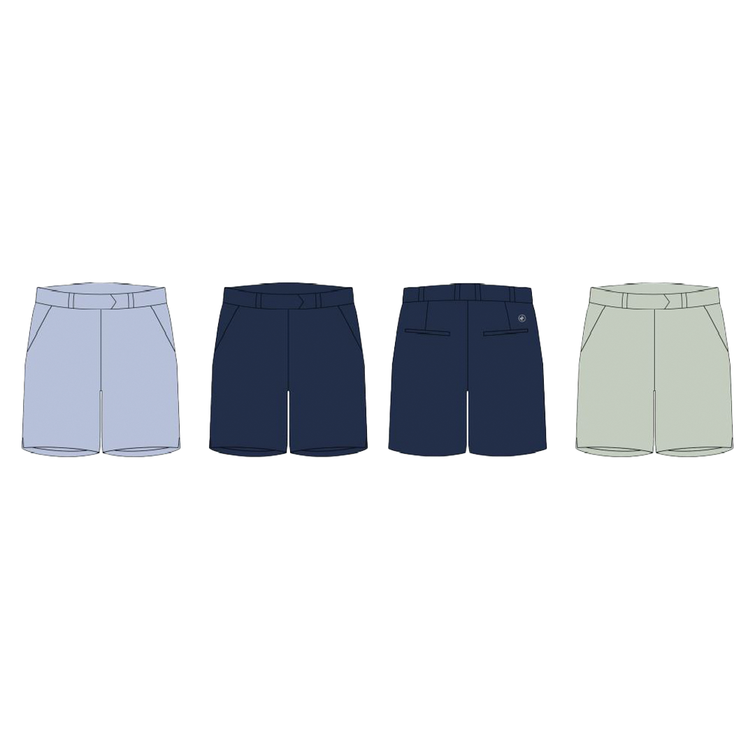 Four pairs of shorts in different colors on a white background