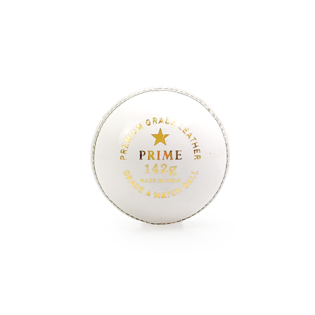 White cricket ball with gold text on a white background