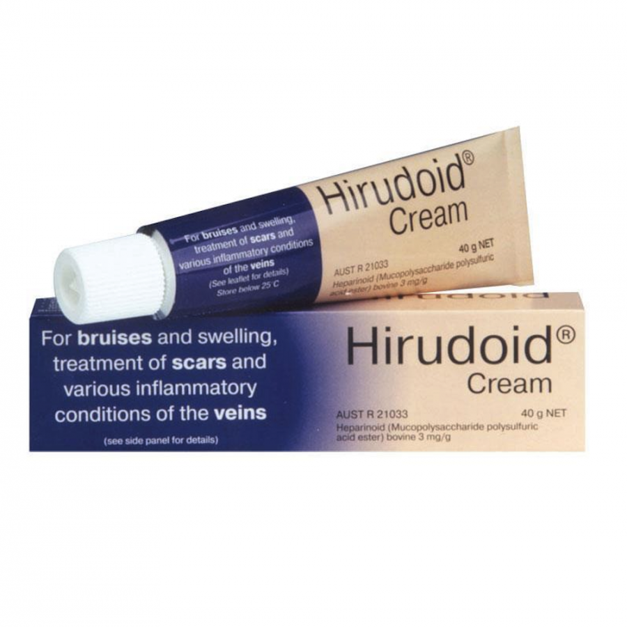 Packaging of Hirudoid Cream, showing the tube and box with product details.