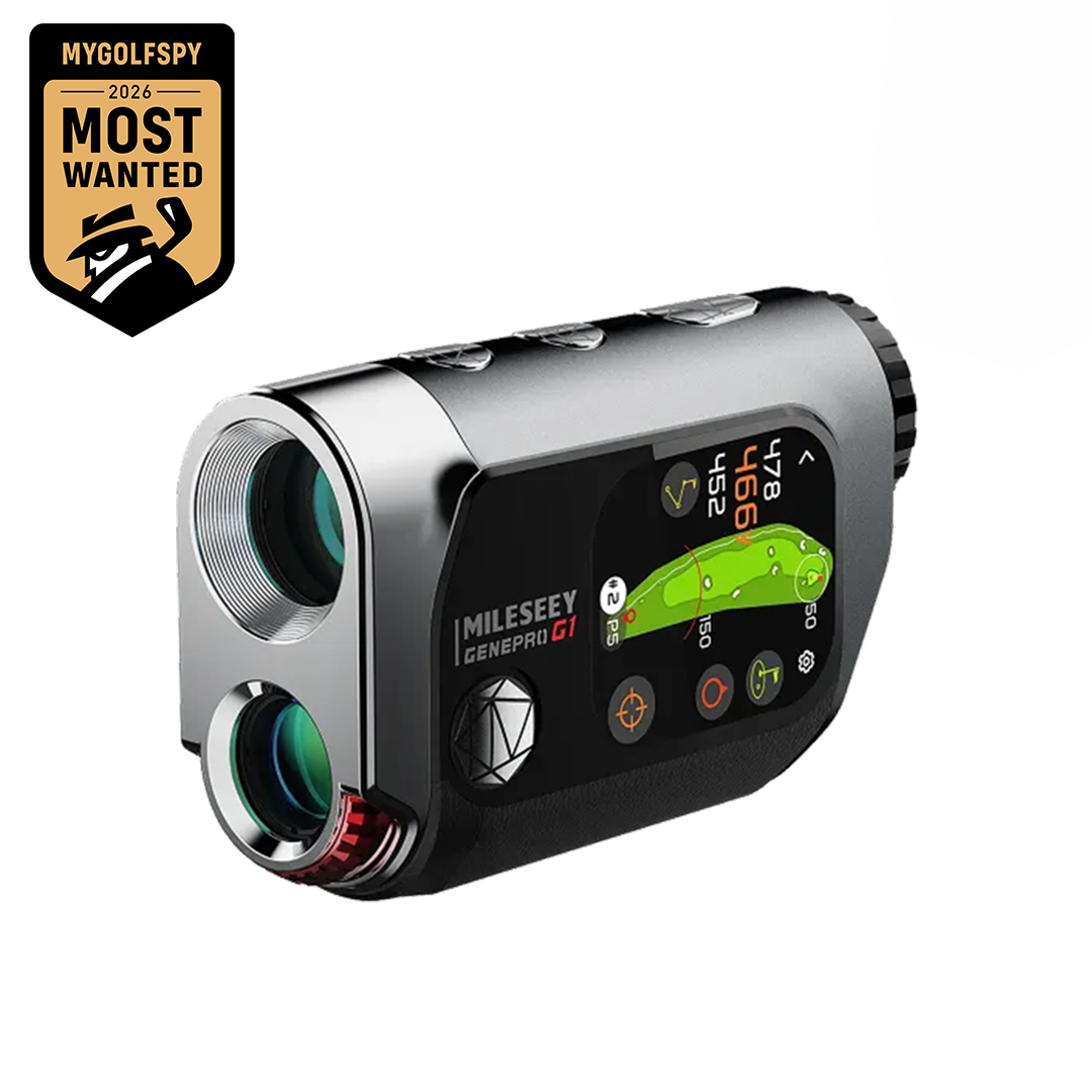 Golf rangefinder with digital display on a white background, featuring 'MYGOLFSPY Most Wanted' badge.