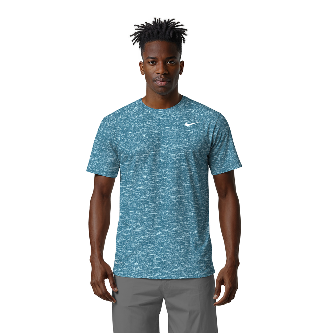 Man wearing a blue Nike t-shirt on a white background