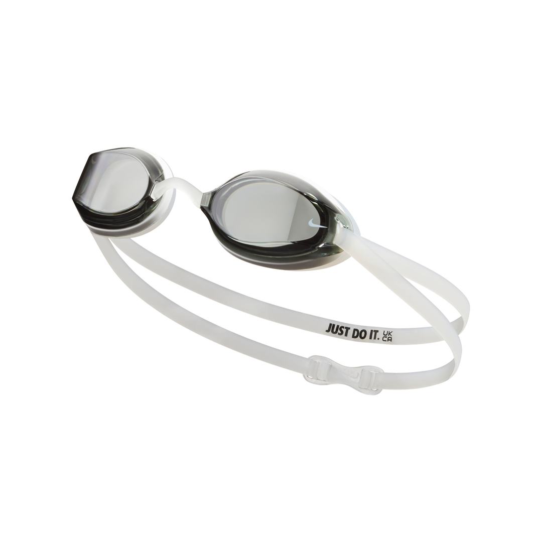 Swimming goggles with 'Just Do It' strap on a white background