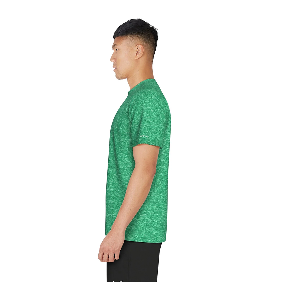 Person wearing a green athletic shirt on a white background
