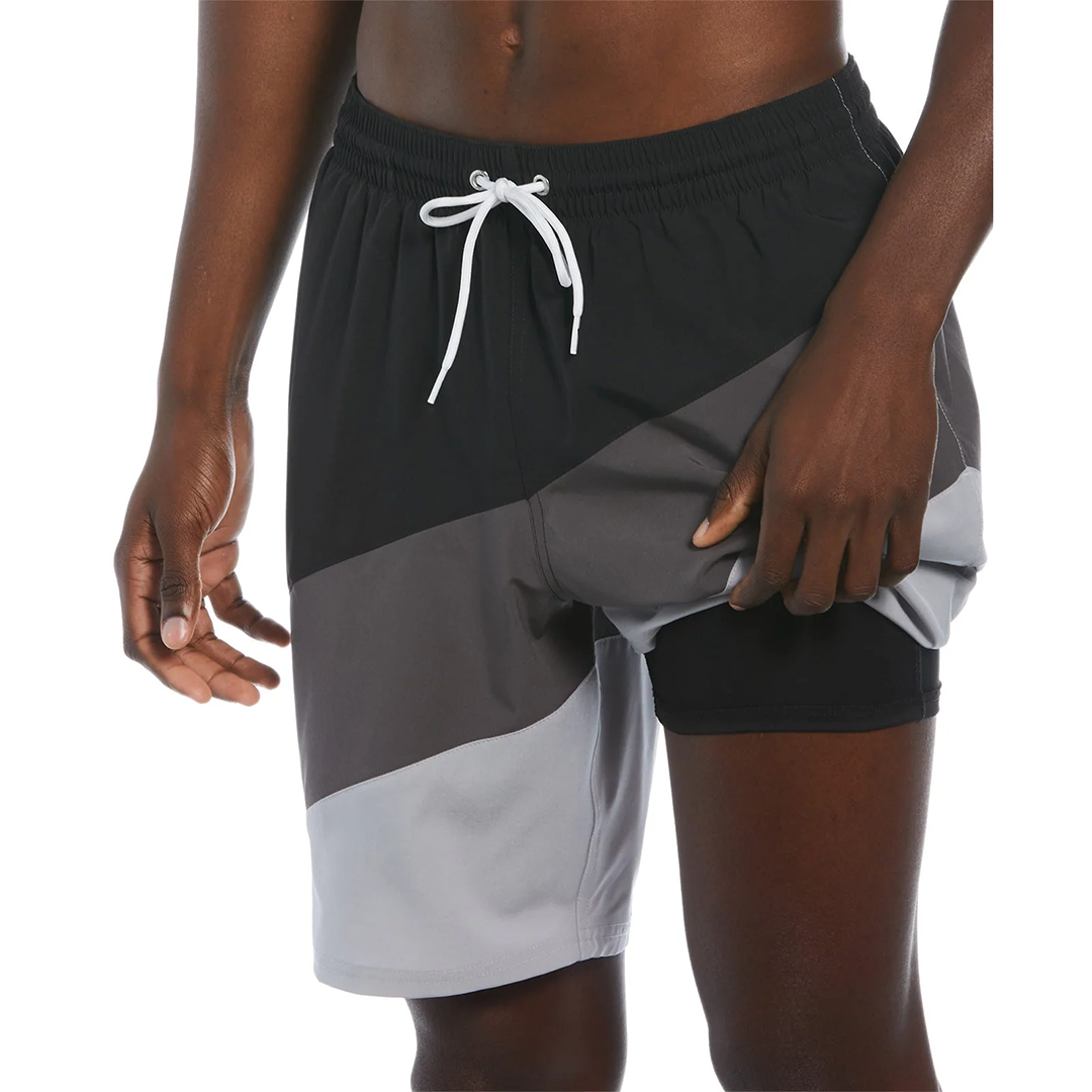 Black and gray shorts with a white drawstring on a white background