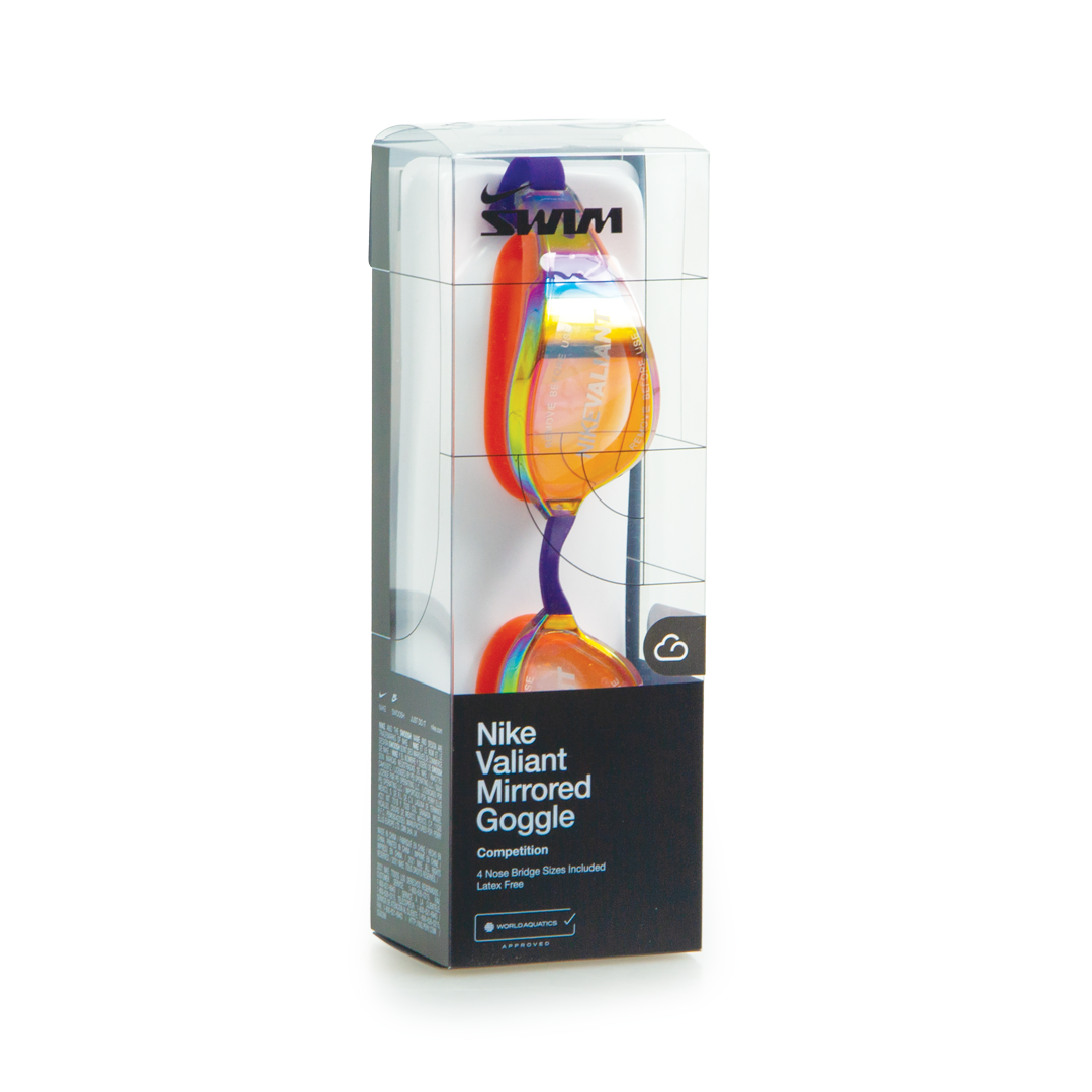 Packaged Nike Valiant Mirrored Goggle with colorful design on a white background