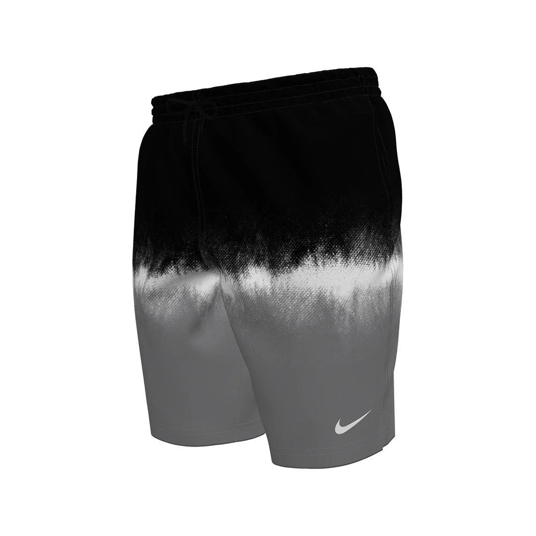 Black to gray gradient shorts with Nike logo on a white background