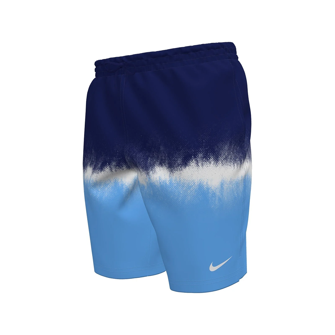 Blue and white gradient shorts with Nike logo on a white background