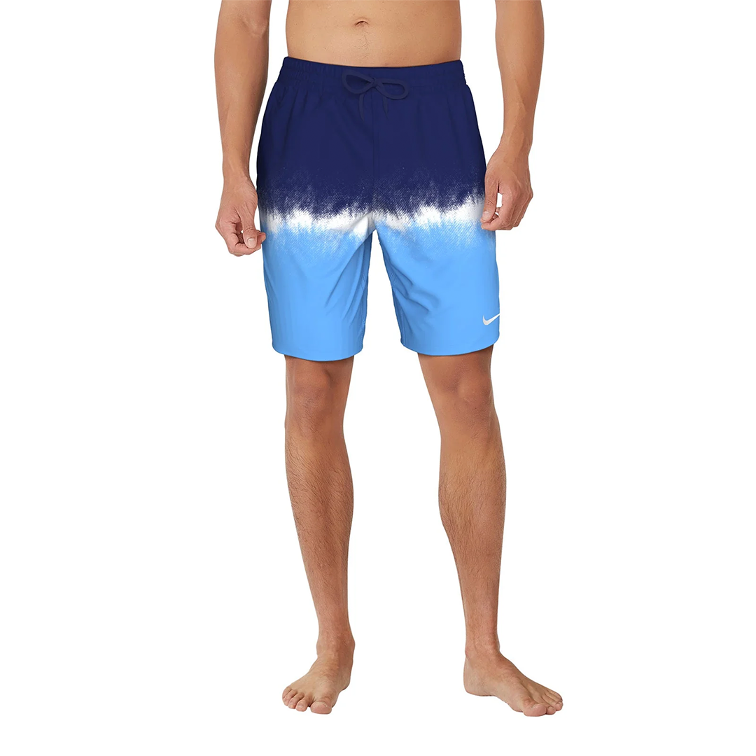 Blue and white gradient swim shorts with a Nike logo on a white background