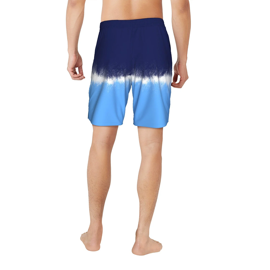 Blue and white tie-dye shorts on a white background