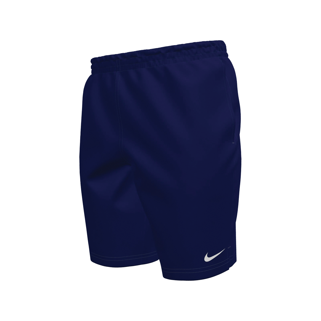 Navy blue shorts with a Nike logo on a white background