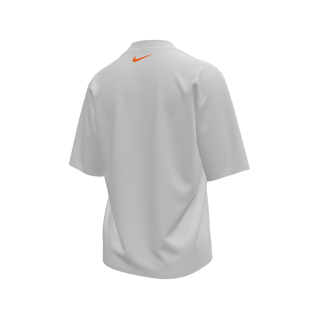 Gray t-shirt with a small orange logo on the chest against a white background