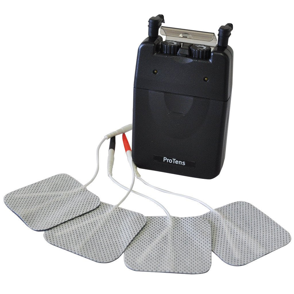 A battery-powered TENS machine with dual channels, shown with four square electrodes and adjustment dials.