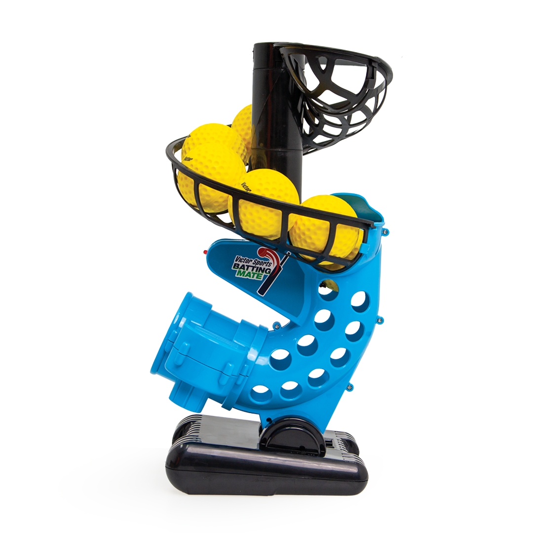 Blue and black pitching machine (angle 1) with yellow balls on a white background
