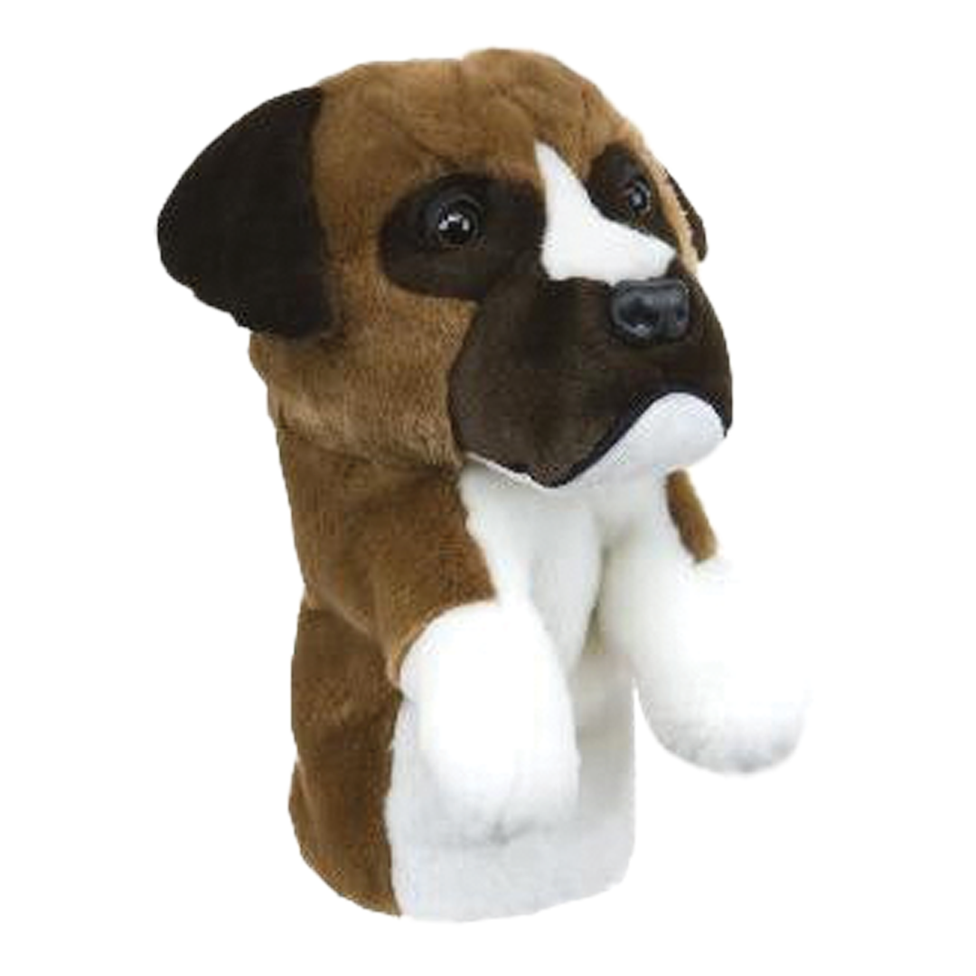 Plush dog toy with brown and white fur on a white background