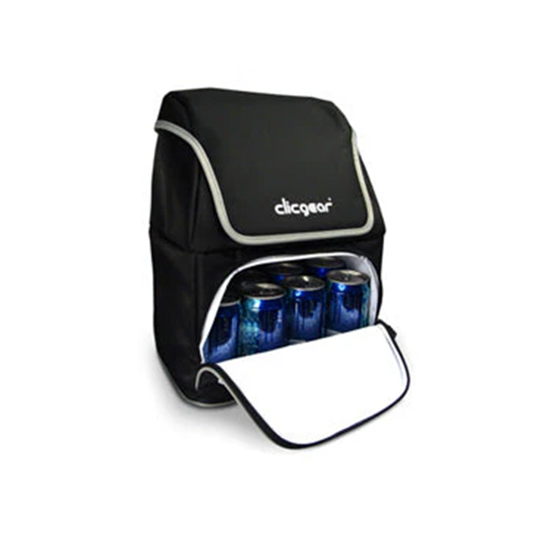 Black cooler bag with cans on a white background