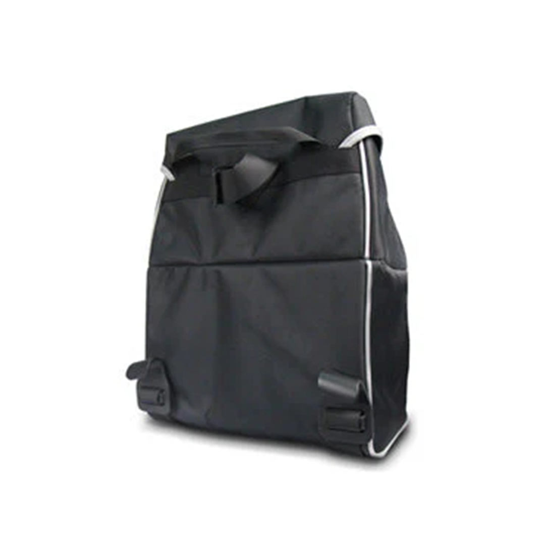 Black cooler bag with white trim on a white background