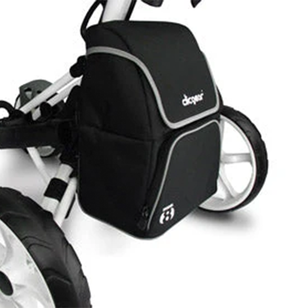 Black cooler bag attached to a buggy on a white background