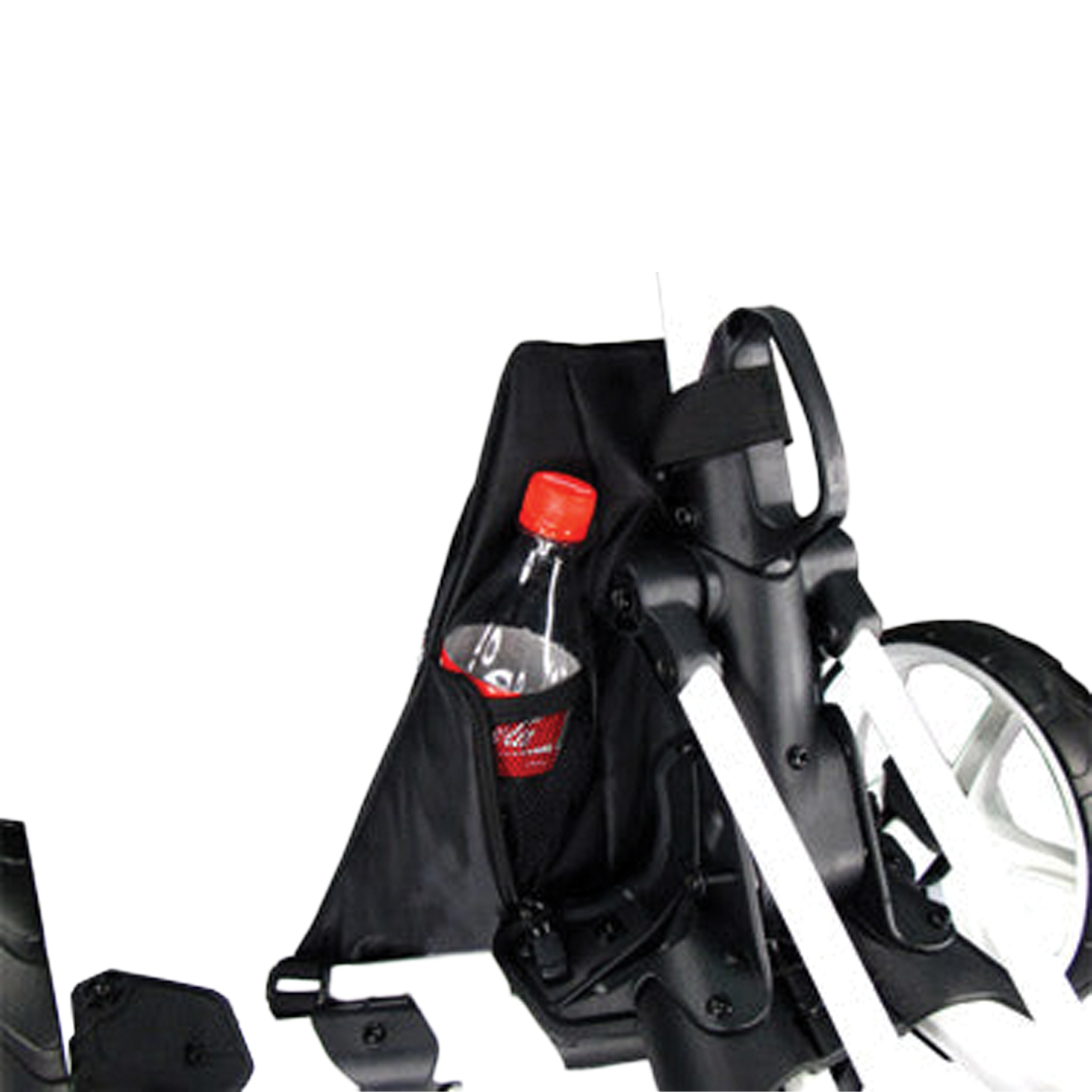 Black bag attached to a golf cart with a Coca-Cola bottle inside, on a white background
