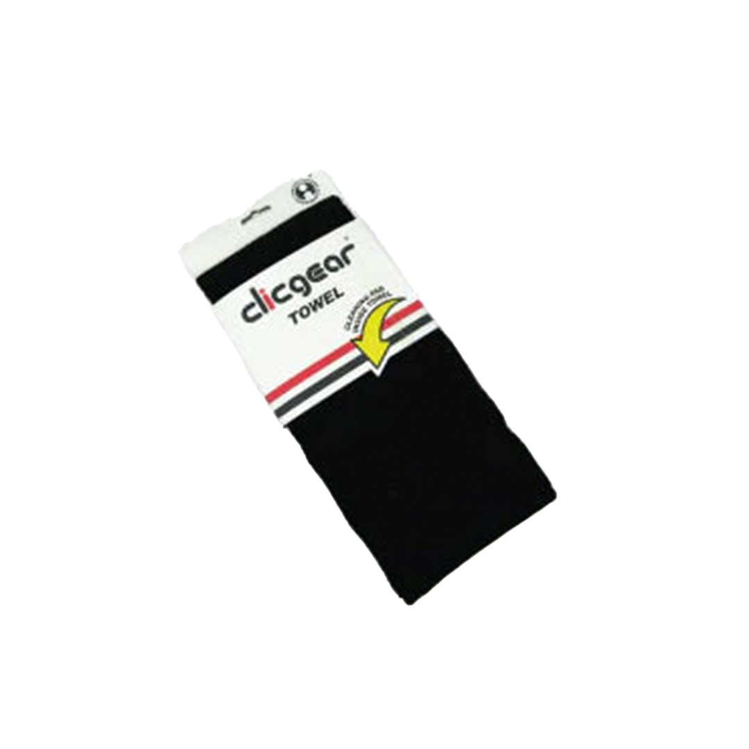 Black towel with Clicgear branding on a white background