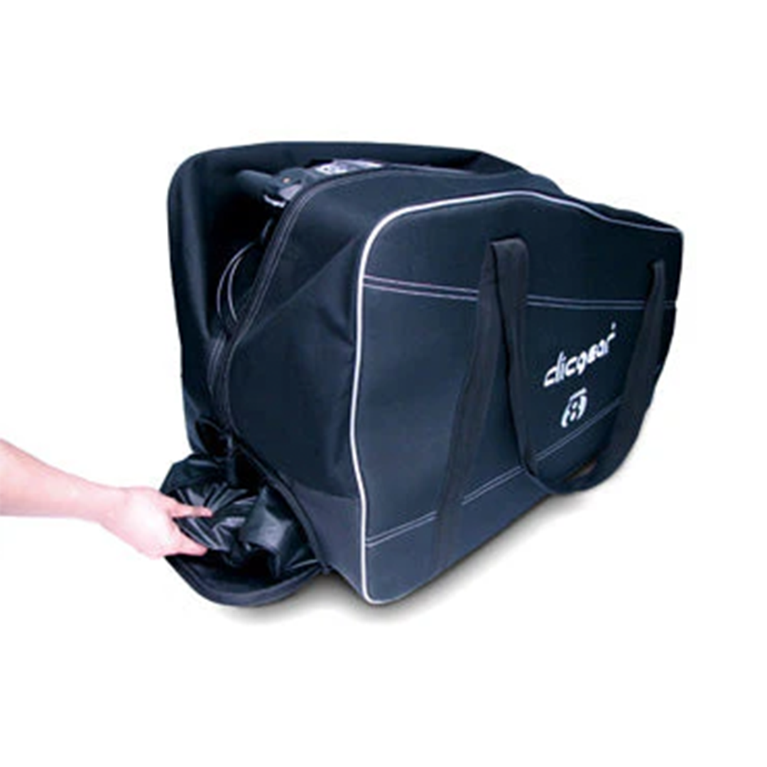 Clicgear travel bag with a hand opening it on a white background