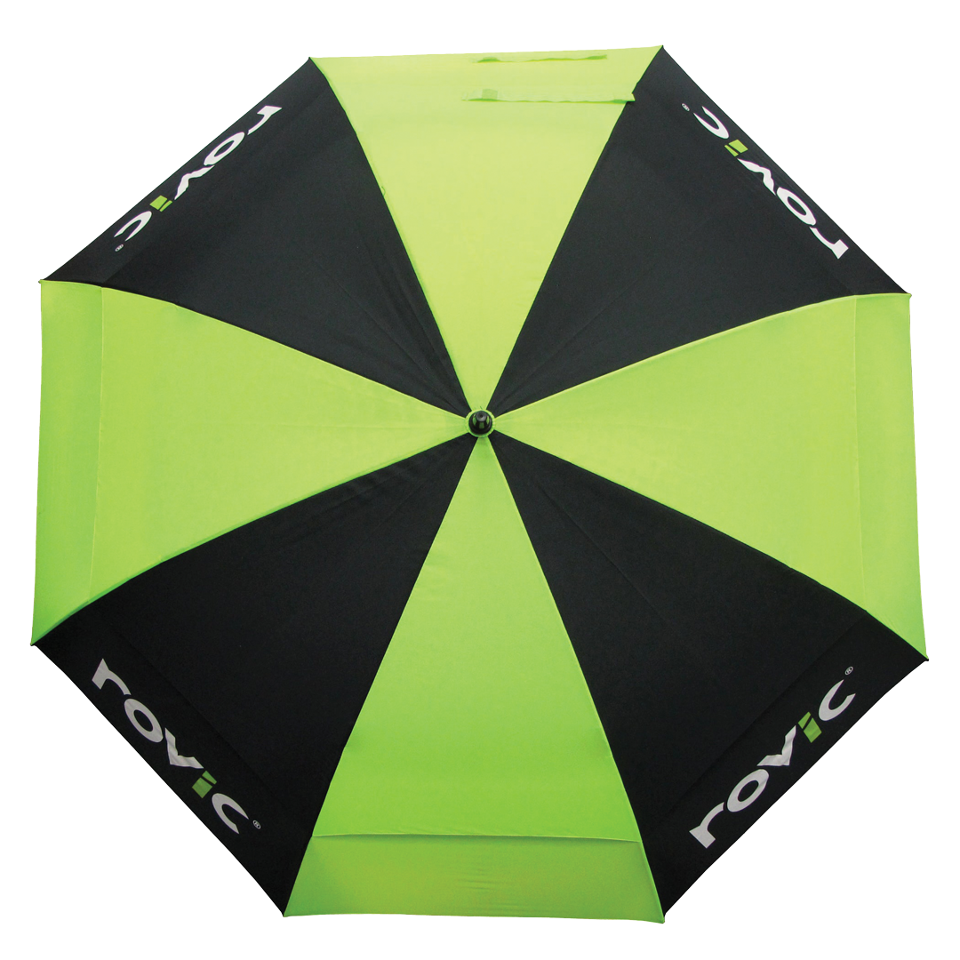 Green and black umbrella with &#39;rovic&#39; branding on a white background