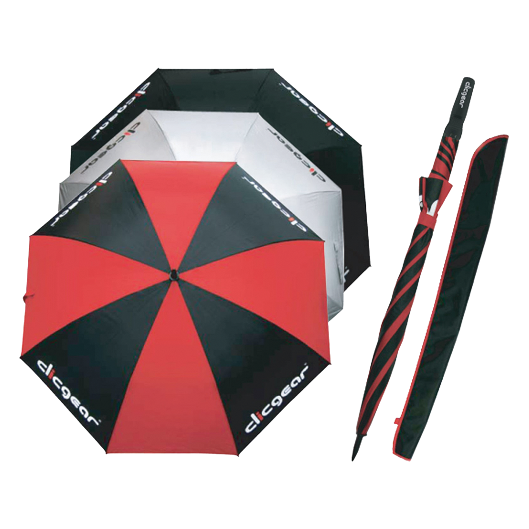 Red and black umbrella with open and closed positions, displayed against a white background.