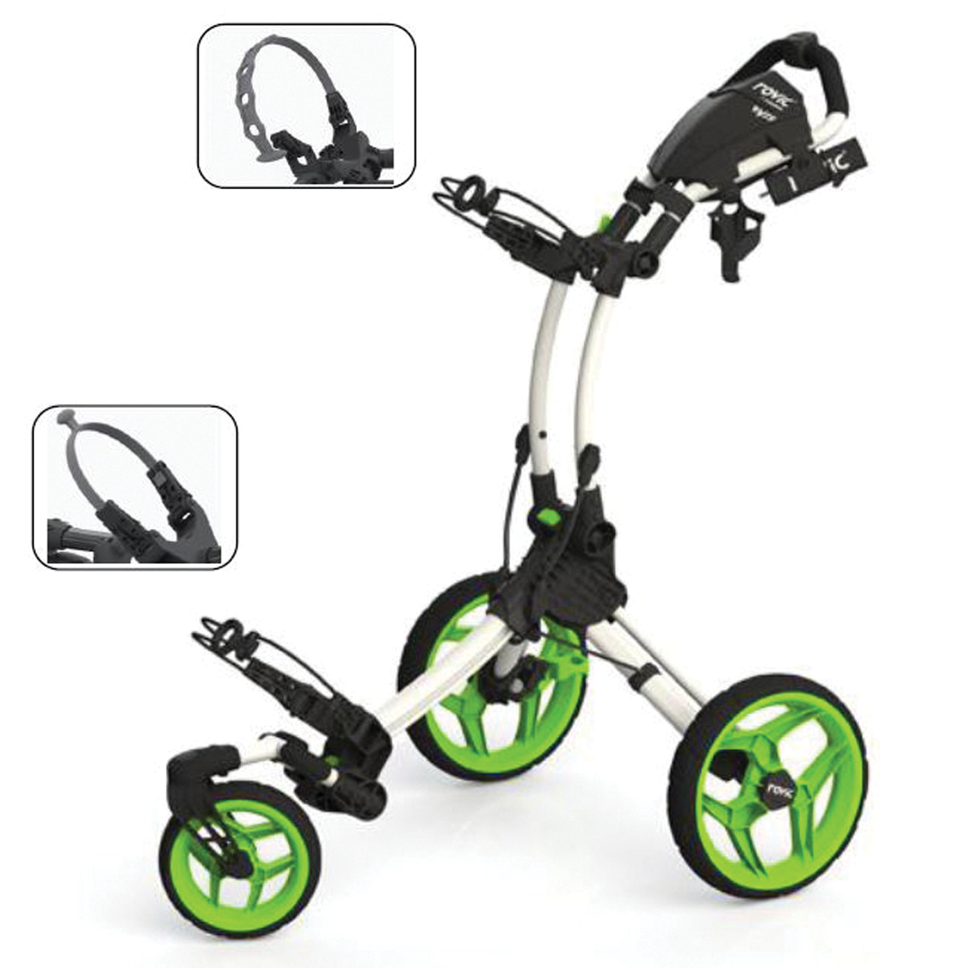 Golf push cart with green wheels on a white background