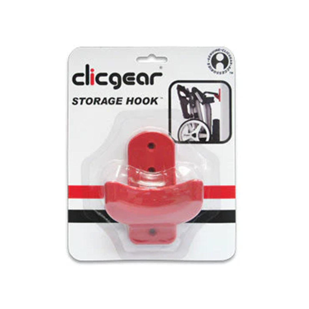 Red storage hook in its packaging with 'clicgear' branding on a white background