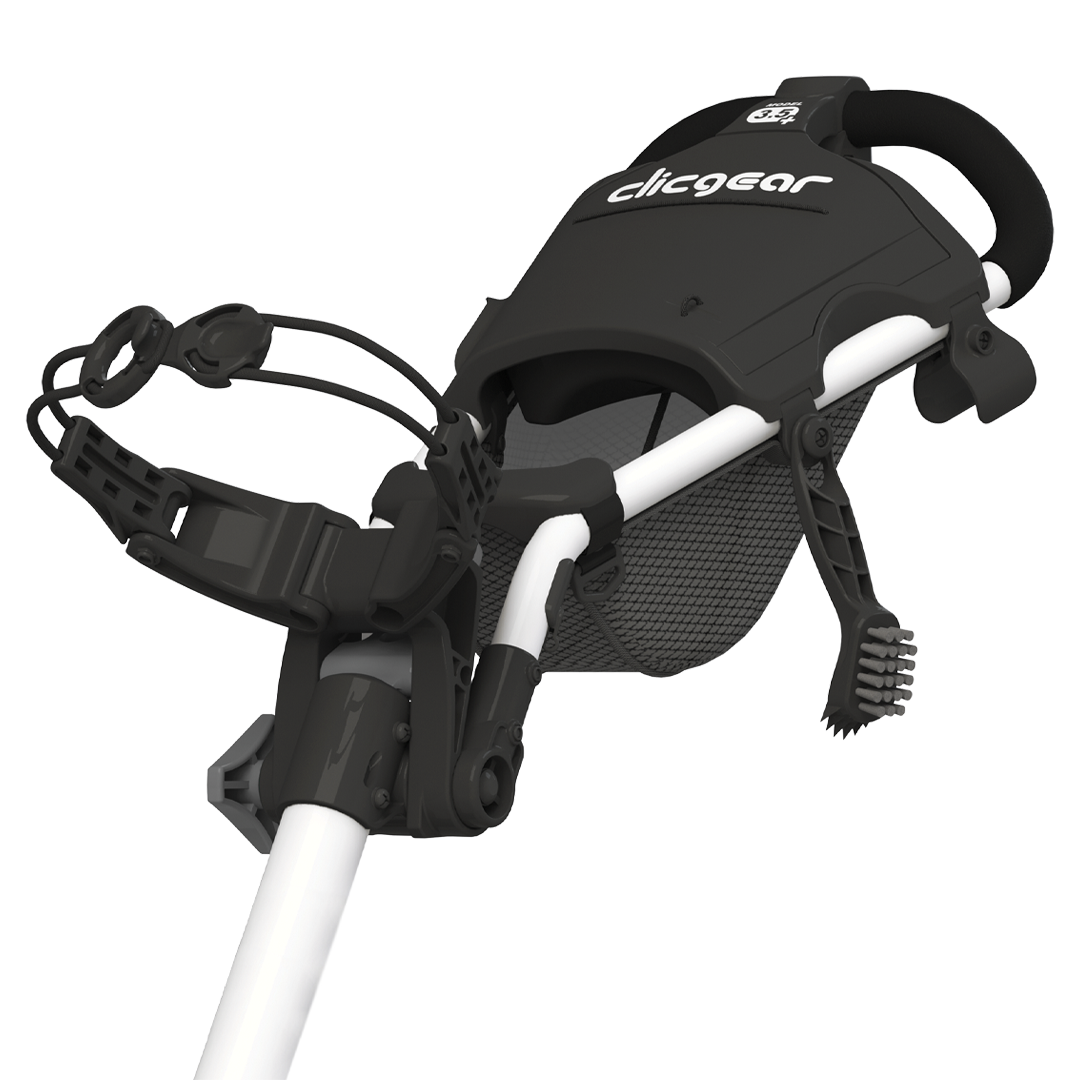 Black and white golf club head cover with &#39;clicgear&#39; branding on a white background