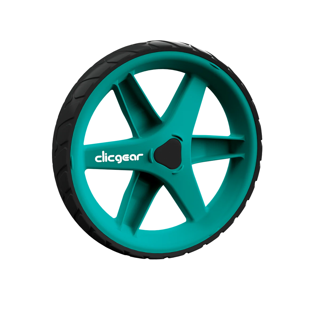 Teal wheel with black tread on a white background, featuring the Clicgear logo.