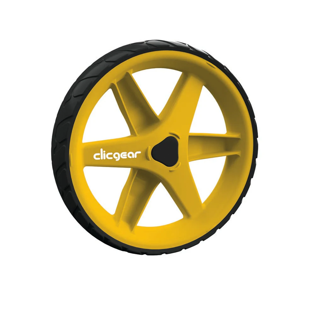 Yellow wheel with black tread and &#39;clicgear&#39; branding on a white background