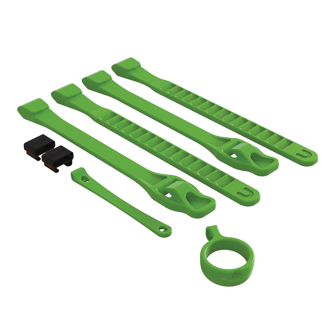 Set of green bike chain tools on a white background