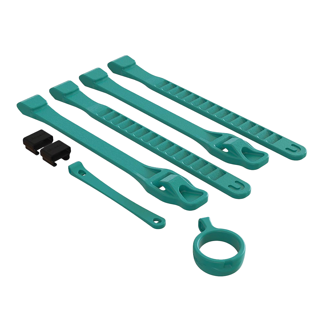 Set of teal bike chain tools on a white background