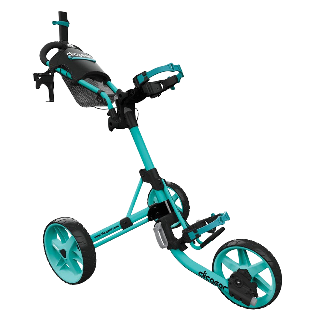 Turquoise golf push cart with black accents on a white background
