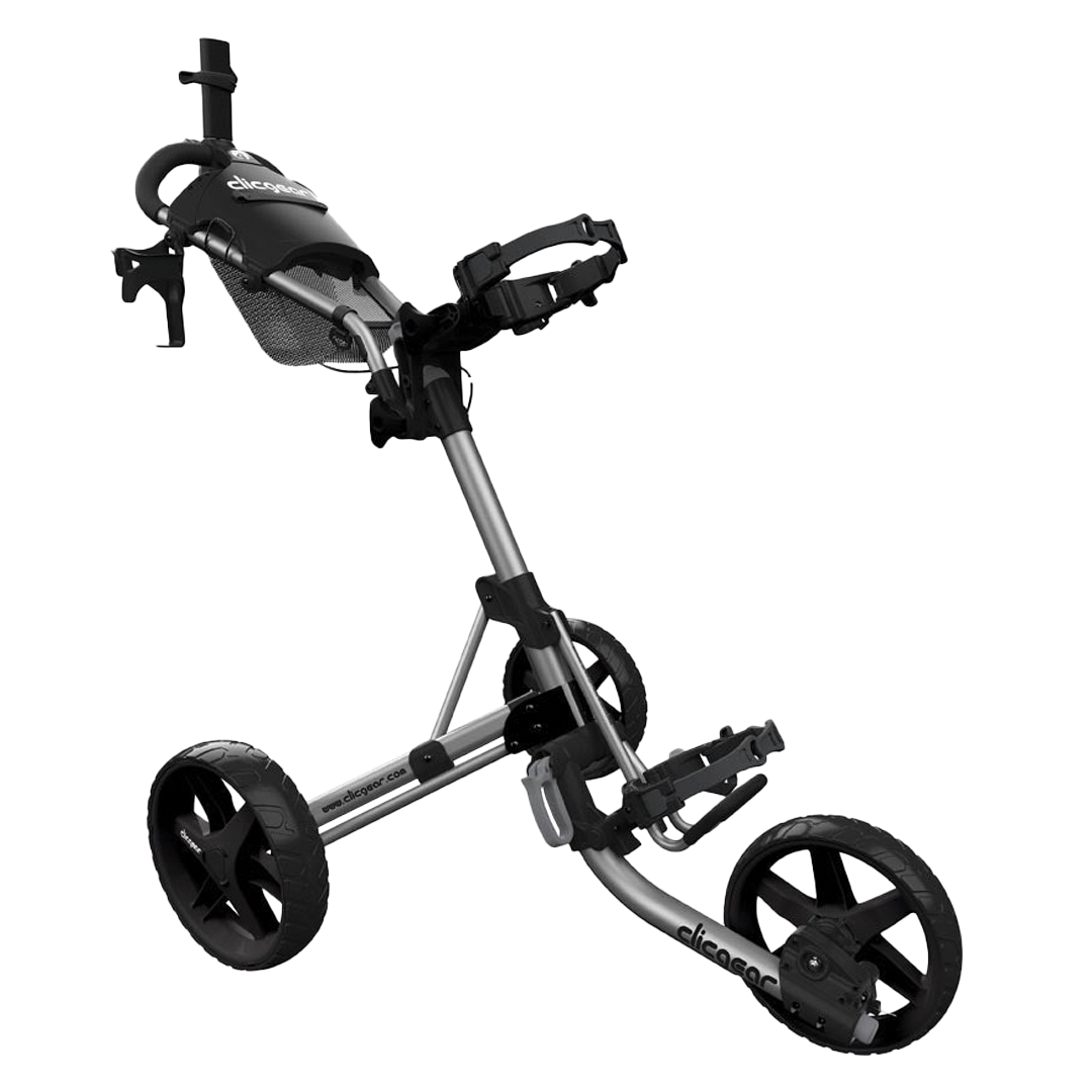 Golf push cart with black wheels and silver frame on a white background