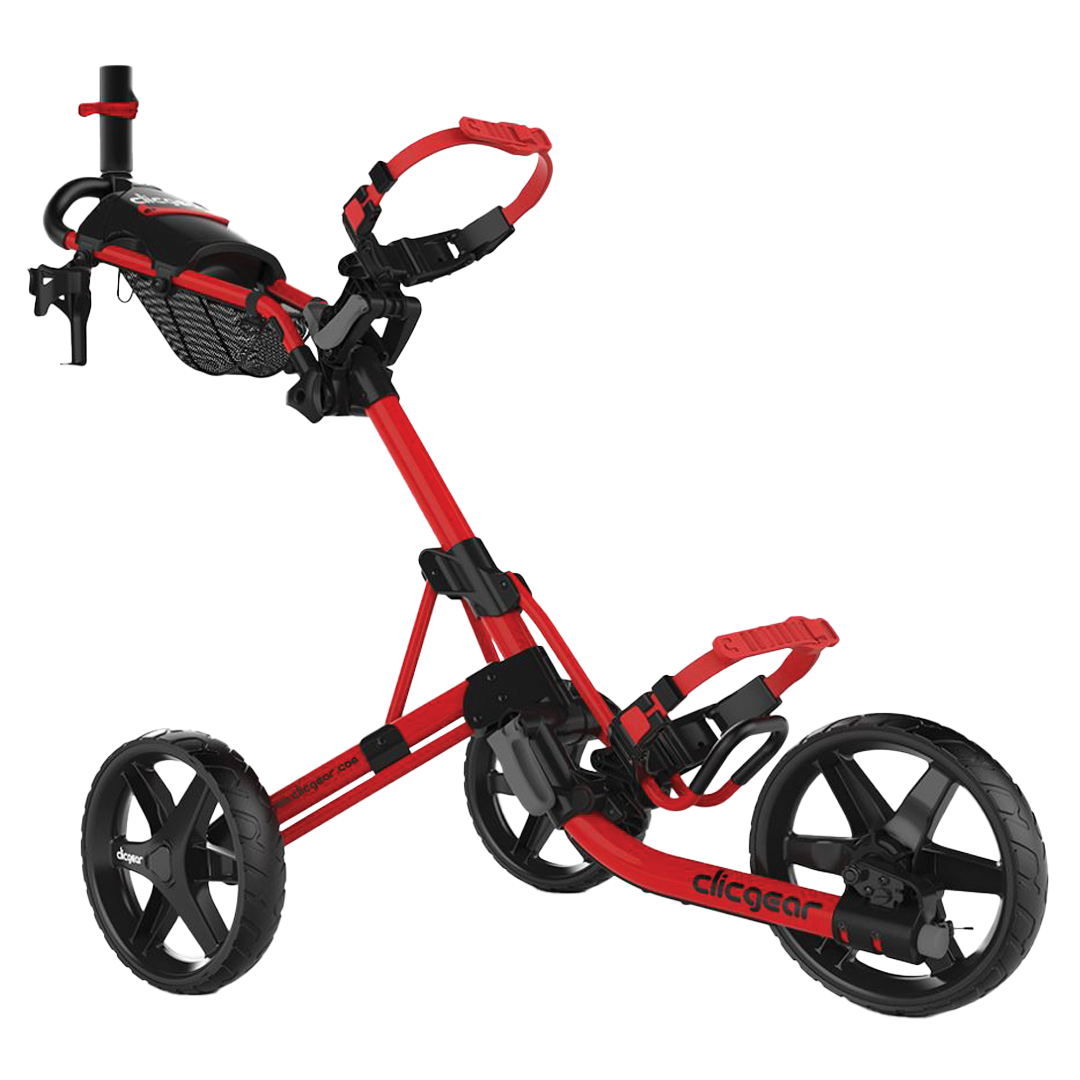 Red and black golf push cart with &#39;clicgear&#39; branding on a white background