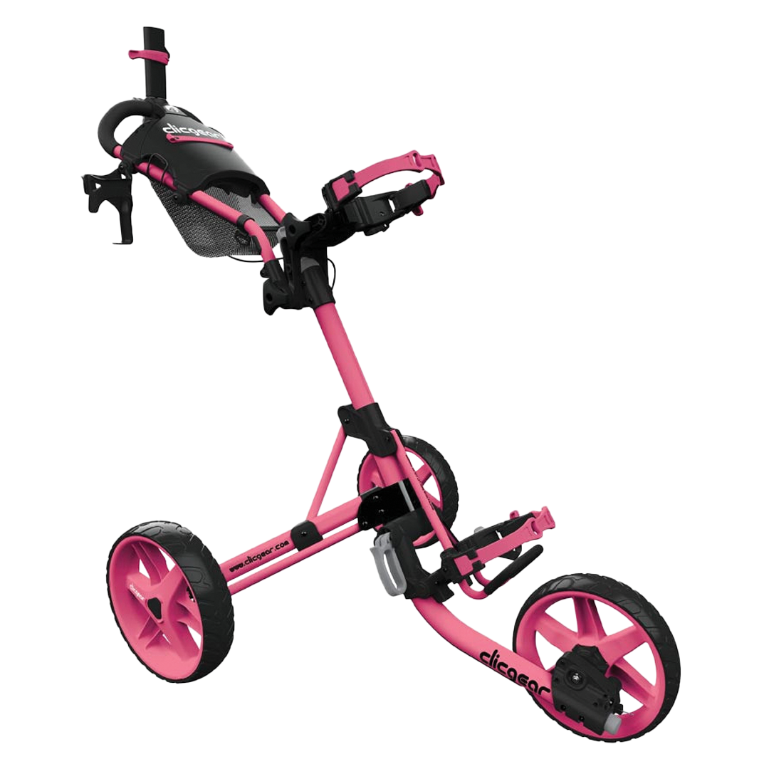 Pink golf push cart with black accents on a white background