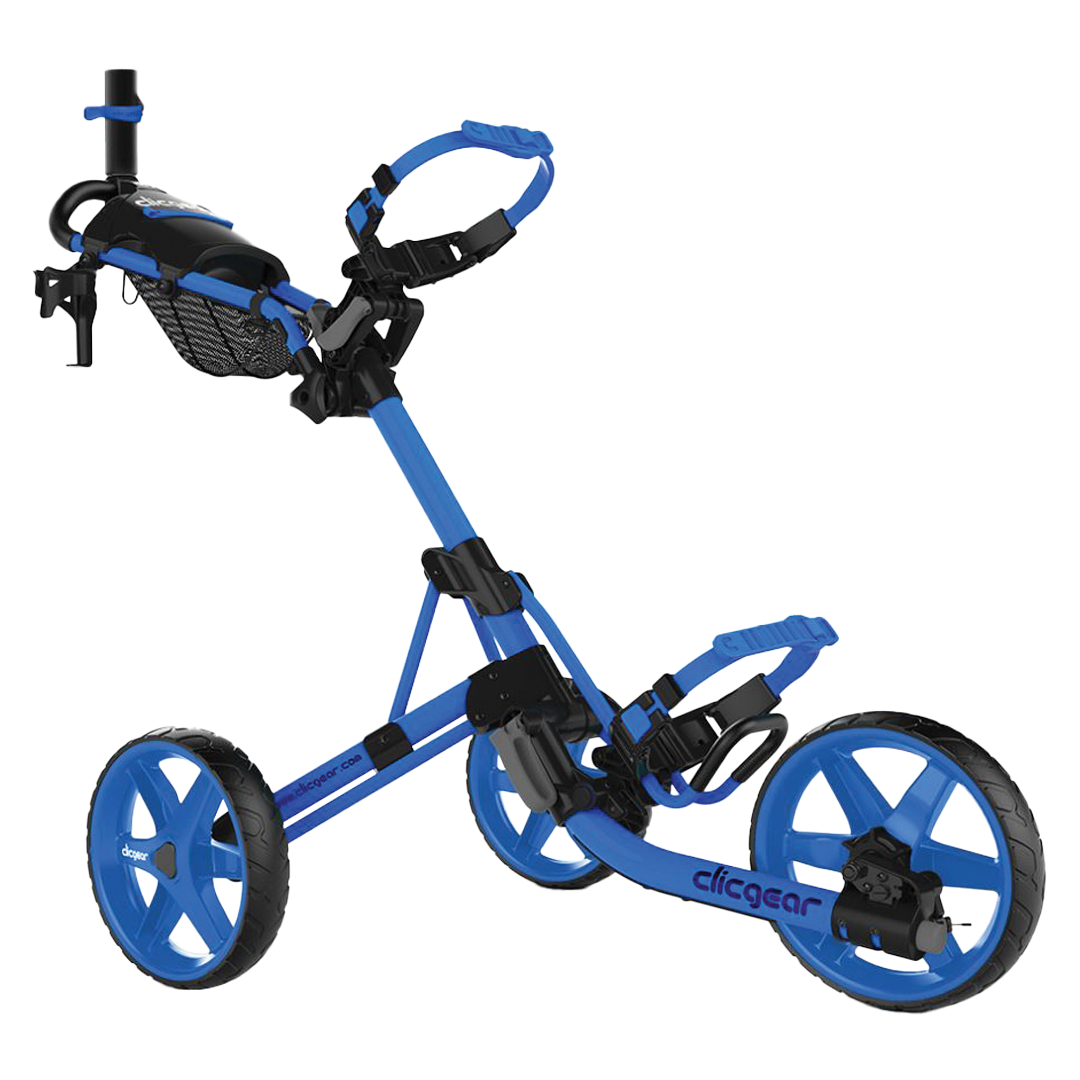 Blue golf push cart with black accents on a white background