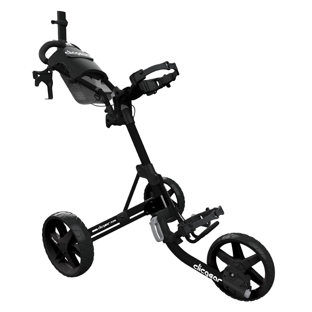 Black golf push cart with &#39;clicgear&#39; branding on a white background
