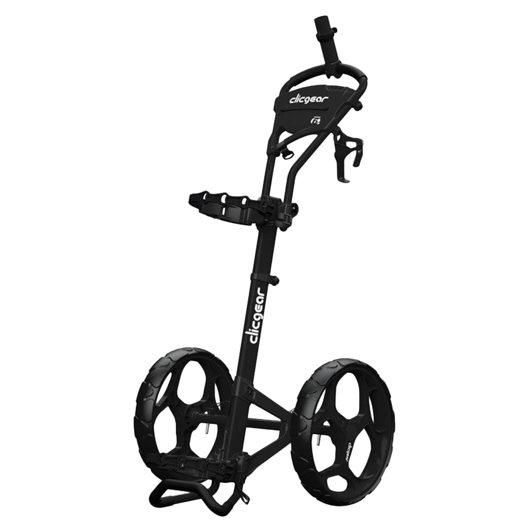 Black golf push cart with 'Clicgear' branding on a white background