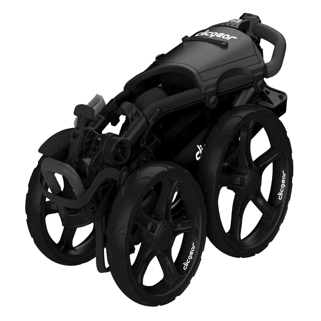 Black golf push cart with visible brand logo on a white background