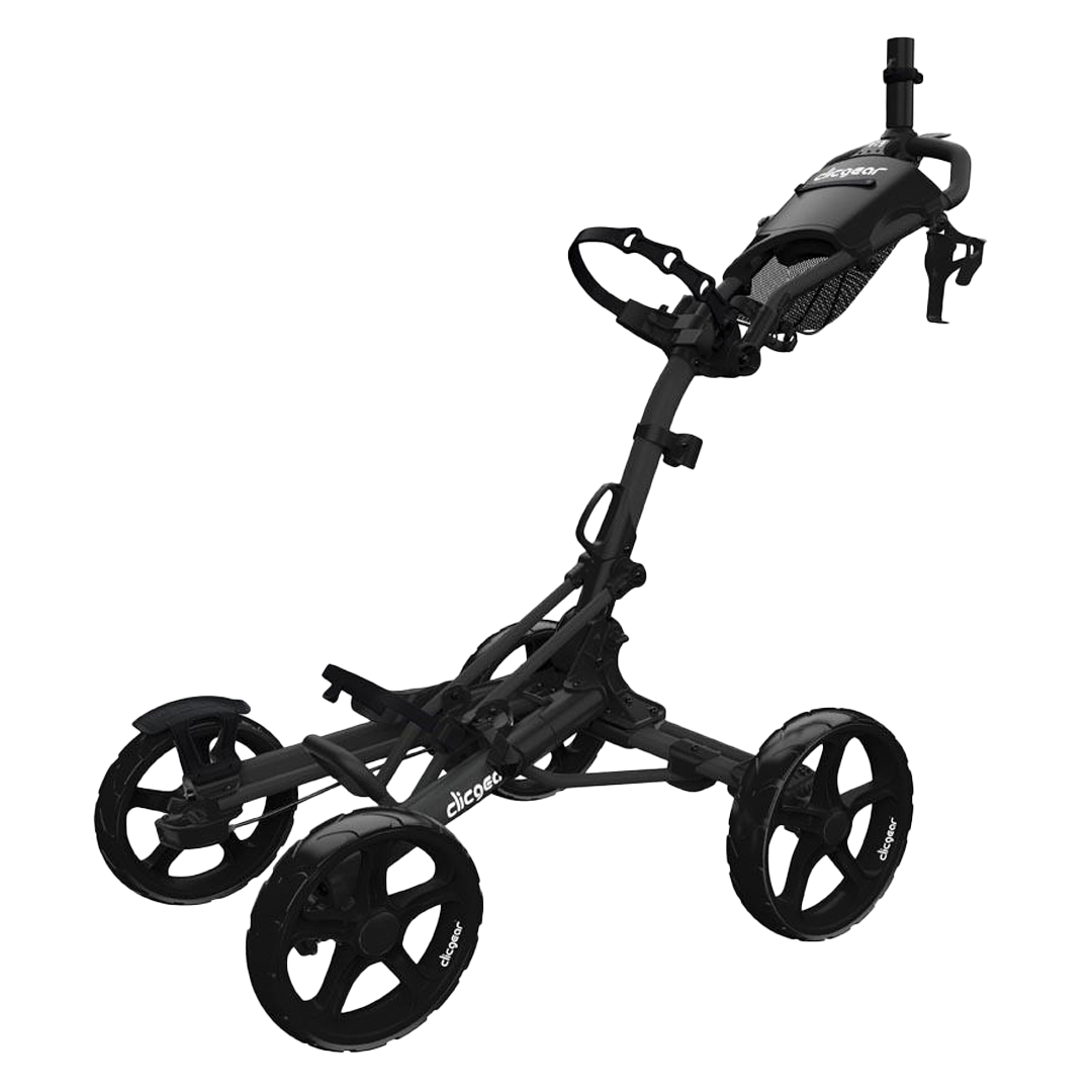 Black golf push cart with visible brand logo on a white background